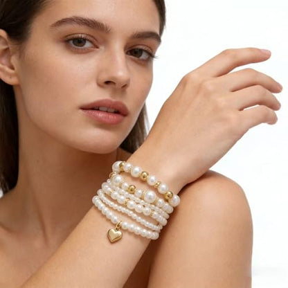 White Pearls Layered Stretch Bracelets Set For Women Simulated Pearl Stackable Stretch Multi layered Elastic Bracelets Jewelry