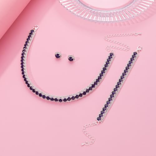 Women Rhinestone Crystal Jewelry Set Crystal Tennis Design Rhinestone Choker Necklace Link Bracelet Teardrop Earrings Set Wedding Bridal Bridesmaids Party - color: Silver Plated Purple Crystal