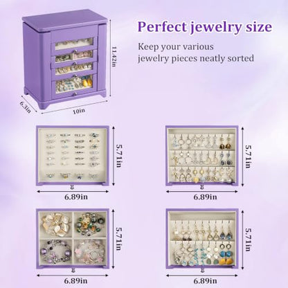 Large Jewelry Box & Organizer for Women, Wooden Jewelry Storage with 4 Transparent Drawers, Holds Necklaces, Rings, Bracelets, Earrings and Watches(Purple) - color: Purple