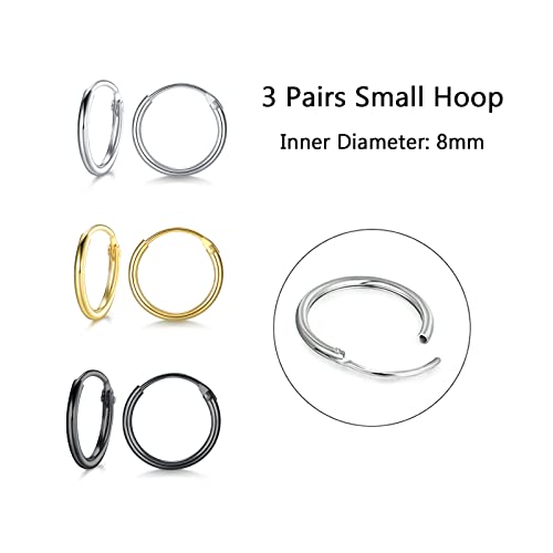 EPIRORA Silver Hoop Earrings- Cartilage Endless Small Hoop Earrings Set for Women Men, 3 Pairs of Hypoallergenic 925 Sterling Silver Tragus Earrings Nose Lip Rings - color: 3 Pairs(8mm*3)-Silver/Gold/Black