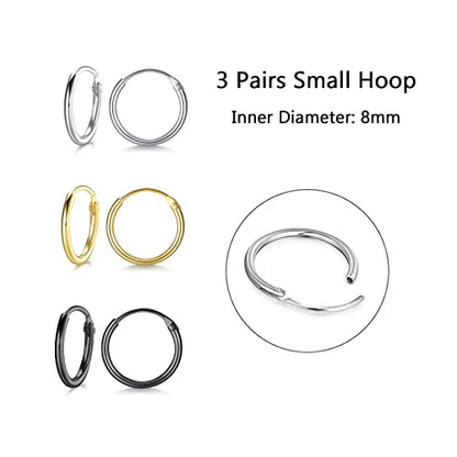 EPIRORA Silver Hoop Earrings- Cartilage Endless Small Hoop Earrings Set for Women Men, 3 Pairs of Hypoallergenic 925 Sterling Silver Tragus Earrings Nose Lip Rings - color: 3 Pairs(8mm*3)-Silver/Gold/Black