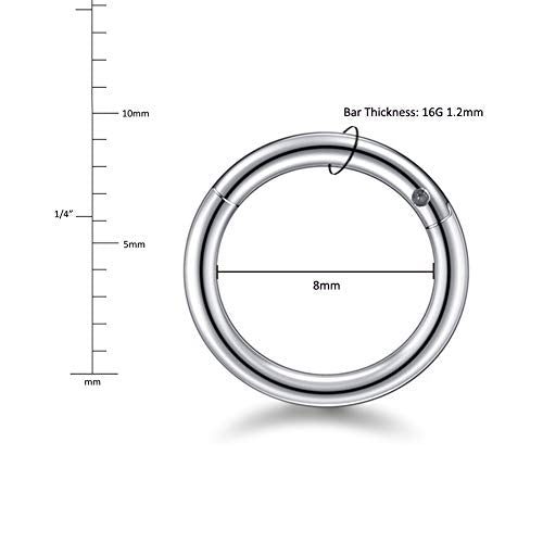 Aumeo 14G 16G 18G 20G Nose Ring Hoop Stainless Steel Hinged Segment Rings Hoops Nose Clicker Ring Tragus Helix Cartilage Daith Rook Earring Piercing Jewelry for Women Men - style: 5pcs 16g 8mm mixed colors