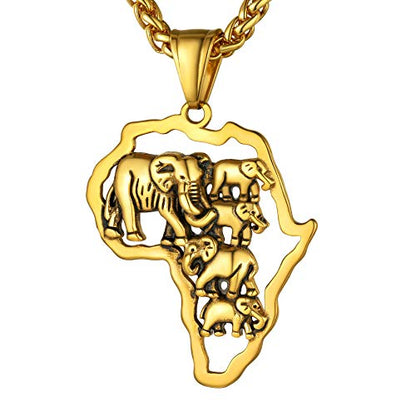 GOLDCHIC JEWELRY Africa Map Necklace for Men, Stainless Steel African Tribal/Egyptian Eye of Horus/I LOVE AFRICA/Elephant Map Hiphop Jewelry Unisex with 22'+2'Adjustable Chain - color: Elephant - Gold, style: No Customization
