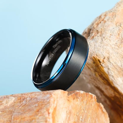 King Will Mens Brushed Wedding Band, Two Tone Matte Step Edges/Pipe Cut, Tungsten Carbide Anniversary Promise Rings Comfort Fit - color: Black&Blue Edge-8mm