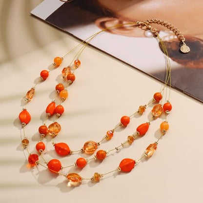 Coiris 3 Layers Illusion Wire Beaded Statement 19.5" Necklace for Women - color: N0005-Orange