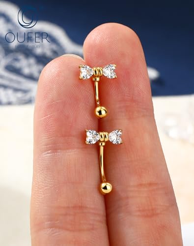 OUFER 16G Rook Earring Piercing Jewelry-316L Surgical Steel Pink Clear CZ Bow Eyebrow Rings, 6/8MM Curved Barbell Vertical Labret Lip Piercing Jewelry - color: Gold