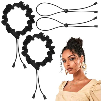 Thinp 4 Pcs Adjustable Hair Ties, Black Afro Puff Hair Tie Adjust Satin Hairs Tie for Thick Curly Natural Hairs Elastic Adjustable Scrunchie for Women Afro Puff Ponytails (Black)