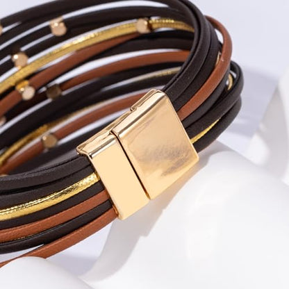 Boho Leather Wrap Bracelets Beaded Stackable Cuff Bracelet Country Concert Outfits Cowboy Cowgirl Western Jewelry Gifts for Women - color: Bead-Brown