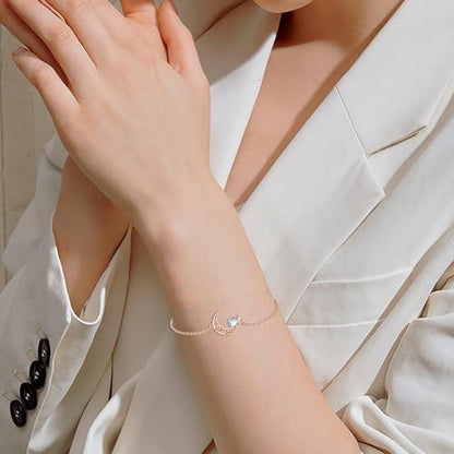 Moon Bracelet for Women 925 Sterling Silver Moonstone/Birthstone Moon Bracelet Butterfly/Dragonfly Bracelet Celtic Moon Butterfly Dragonfly Jewelry Gifts for Women - style: Moonstone-Rose Gold Plated