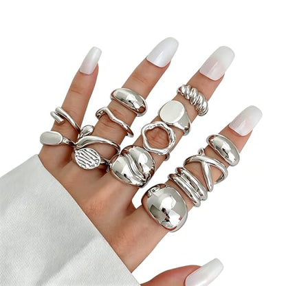 Chunky Rings for Women Non Tarnish 14k Stackable Dome Statement Rings Sets Vintage Dainty Knuckle Open Midi Finger Rings Jewelry Pack Gifts - style: Silver 14Pcs