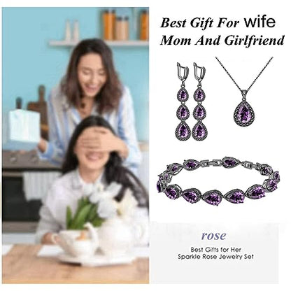 LMXXVJ Necklace Long Earrings Bracelet Set, White Gold Plated Created Blue Sapphire Jewelry Set Wedding Party Gift Jewelry for Women Bridal Bridesmaid - color: Black Gun-Purple