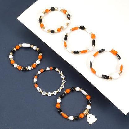 Ardorchid Halloween Bracelets for Women Pumpkin Ghost Steleton Bat Skull Beaded Stackable Stretchy Bracelet Rugby Thanksgiving Christmas Heishi Bracelets - color: Halloween Bracelet -2
