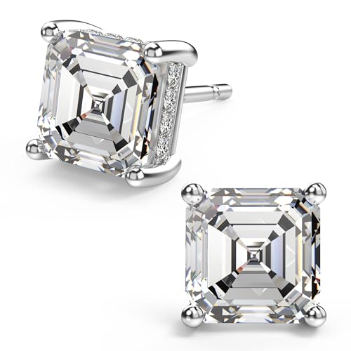 Asscher Cut Cubic Zirconia Stud Earrings for Men Women | Square CZ Simulated Diamond Studs, 18K White Gold Plated Sterling Silver - color: White Gold, size: 8MM