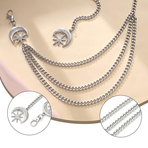 3 Layered Metal Waist Chain Belt for Women Moon & Sun Belly Belt Body Chain Jewelry for Dress Jeans - color: Silver-Rhinestone
