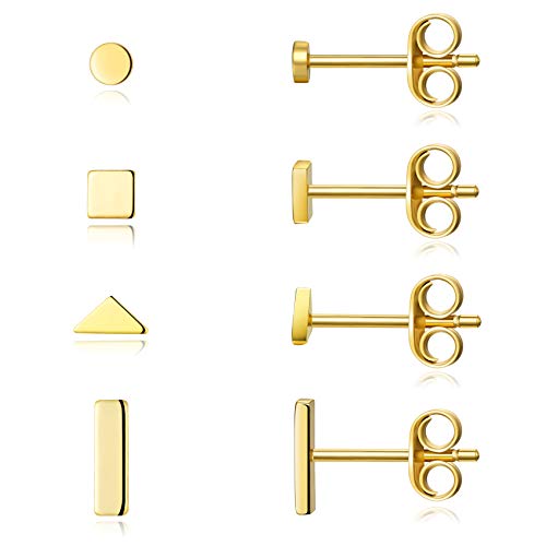 EPIRORA Sterling Silver Stud Earrings for Women Men- 4 Pairs of Hypoallergenic Simple Geometric Small Stud Earring Set Tiny Circle Triangle Square Bar Stud Earrings Mini Cartilage Tragus Earrings - style: Style 1- Gold