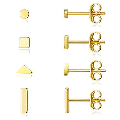 EPIRORA Sterling Silver Stud Earrings for Women Men- 4 Pairs of Hypoallergenic Simple Geometric Small Stud Earring Set Tiny Circle Triangle Square Bar Stud Earrings Mini Cartilage Tragus Earrings - style: Style 1- Gold