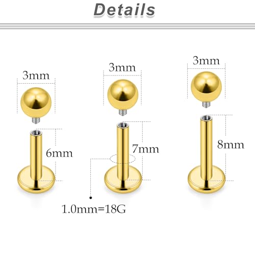20G 18G 16G 14G 12G Lip Labret Medusa Monroe Rings Studs 316L Surgical Steel Flat Back Tragus Helix Cartilage Earring Stud Piercing Jewelry Bar Length 8mm 10mm 12mm Mix Color 18PCS - color: Gold, size: 18G(1.0mm)-6/7/8mm Bars-3mm Balls