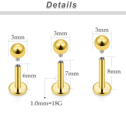 20G 18G 16G 14G 12G Lip Labret Medusa Monroe Rings Studs 316L Surgical Steel Flat Back Tragus Helix Cartilage Earring Stud Piercing Jewelry Bar Length 8mm 10mm 12mm Mix Color 18PCS - color: Gold, size: 18G(1.0mm)-6/7/8mm Bars-3mm Balls