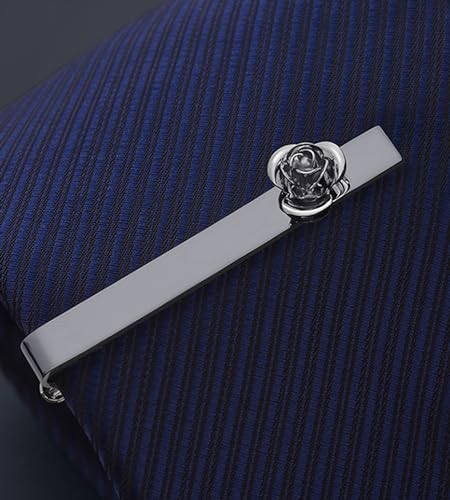 Unique Rose Flower Cufflinks and Tie Clip Set for Men Regular Necktie | Silver/Golden/Black Men's Tie Pin and Cuff Links for Wedding Party Daily Office Formal Casual Business Tuxedo Dress Accessory - style: Gunmetal Cufflinks Tie Pin Set