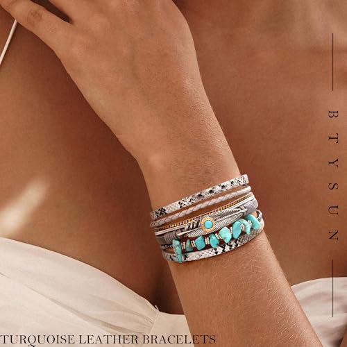 Bracelets for Women, Gifts for Mom Her Christmas Gift 2026 Leather Bracelets for Women Birthday Gift for Daughter Inspirational Wrap Bracelet Sister Friend Teen Girl Gift Layered Stocking Stuffers Jewelry - style: Silver-Turquoise