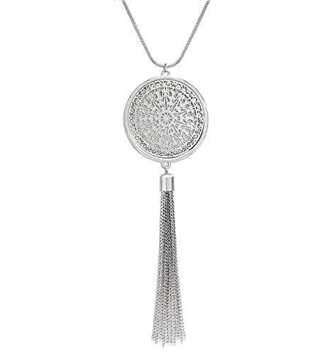 MOLOCH Long Necklaces For Woman Disk Circle Pendant Necklaces Tassel Fringe Necklace Set Statement Pendant - color: A:silver