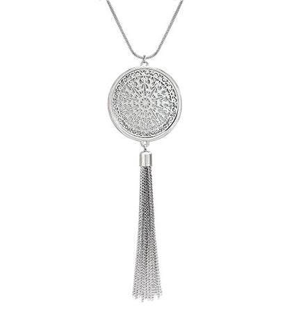 MOLOCH Long Necklaces For Woman Disk Circle Pendant Necklaces Tassel Fringe Necklace Set Statement Pendant - color: A:silver