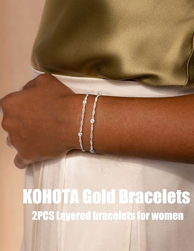 KOHOTA Silver Gold Bracelets for Women Trendy 14K Gold Plated Bracelet for Women Non Tarnish Dainty Stackable Layered Chain Heart Pearl Knot Beaded Bracelets Stack Set Charm Mothers Day Jewelry Gifts - color: D.Satellite beads-silver