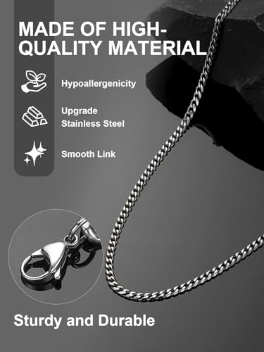 Stainless Steel Mens Cuban Link Chains, Daily Wear Hip Hop Miami Necklace | 3/6/9/12mm Silver/Gold Plated/Black necklace with Gift Box, No Tarnish, Sweatproof & Waterproof, Hypoallergenic Men Chains - color: 3mm-stainless, size: 14 inch