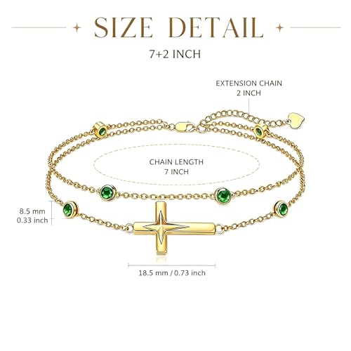 Midari 18K Yellow Gold Gemstone Birthstone Anklet Bracelet Cross Jewelry with 12 Months Birthstone Birthday Gifts for Women Wife Her Daughter Mom - color: 05-May-Emerald, size: Bracelet 7"-9"