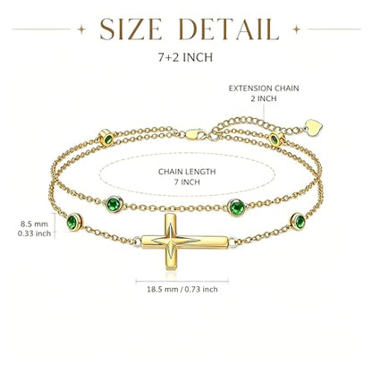 Midari 18K Yellow Gold Gemstone Birthstone Anklet Bracelet Cross Jewelry with 12 Months Birthstone Birthday Gifts for Women Wife Her Daughter Mom - color: 05-May-Emerald, size: Bracelet 7"-9"