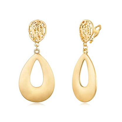 Gold Metal Clip On Earrings for Women Non Pierced Dangle Drop Earrings Multiple Styles - color: gold water drop