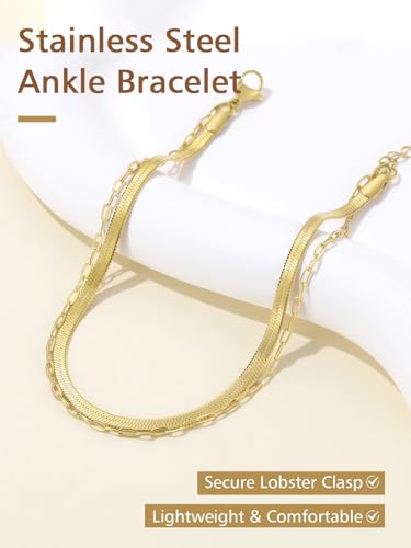 FindChic Ankle Bracelets for Women, Silver/Black/Gold Plated Layered Stainless Steel Anklets, Non-Tarnish Adjustable Waterproof Trendy Foot Jewelry for Beach Summer - style: Snake & Paperclip Chain-Gold