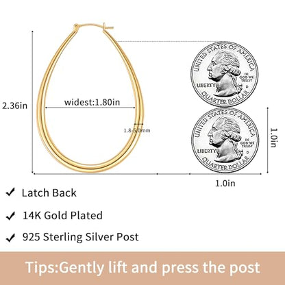 Gacimy Chunky Hoop Earrings for Women, 14K Gold Plated Oval Hoop Earrings with 925 Sterling Silver Post - color: Gold, size: 60mm