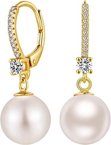 Pearl Dangle Drop Earrings for Women 925 Sterling Silver Pearl Leverback Earrings Cubic Zirconia Pearl Dangling Earrings 10MM - color: 2: Yellow-10mm