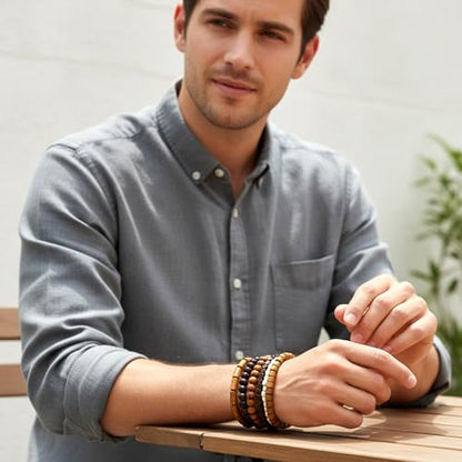 Wooden Mens Beaded Bracelets Adjustable Elasticity Mens Bracelet Multi-Layer Detachable Beaded Bracelets for Men - color: T-002
