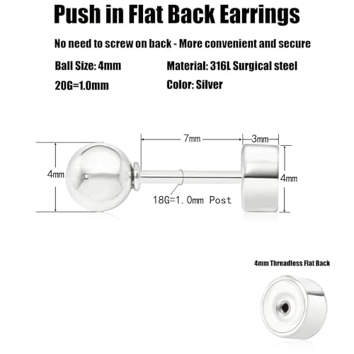 Sweetkiki Threadless Flat Back Earrings, 14K Gold Plated Ball Stud Earrings Hypoallergenic | Cartilage Earring | Helix Piercing Jewelry | Tragus Piercing Jewelry | Push in Flatback Earrings for Women Men - color: Silver, size: 4 Millimeters