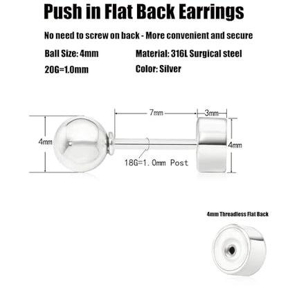 Sweetkiki Threadless Flat Back Earrings, 14K Gold Plated Ball Stud Earrings Hypoallergenic | Cartilage Earring | Helix Piercing Jewelry | Tragus Piercing Jewelry | Push in Flatback Earrings for Women Men - color: Silver, size: 4 Millimeters