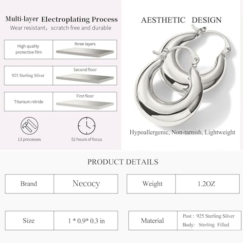Chunky Gold Hoop Earrings for Women Non Tarnish, 14k Gold Plated Thick Triple Hoop Earrings Hypoallergenic Trendy Hoops Dainty Jewelry Gifts for Women - style: silver chunky hoop earrings