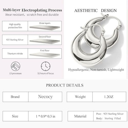 Chunky Gold Hoop Earrings for Women Non Tarnish, 14k Gold Plated Thick Triple Hoop Earrings Hypoallergenic Trendy Hoops Dainty Jewelry Gifts for Women - style: silver chunky hoop earrings