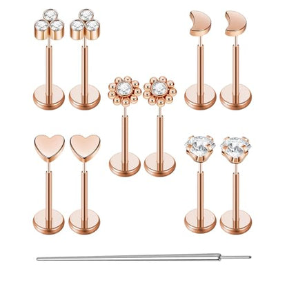 Uni-J 10pcs 20G/18G/16G Threadless Push-in Tragus Conch Cartilage Flat Back Helix Labret Monroe Lip Ring Daith Piercing Jewelry - color: 18G Rose Gold 8mm