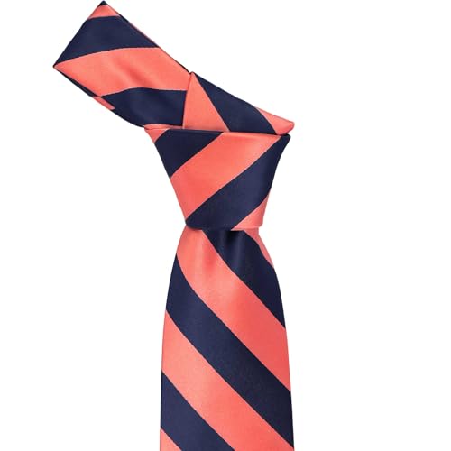 tiemart Men's Striped Tie Standard Length - color: Bright Coral and Navy Blue