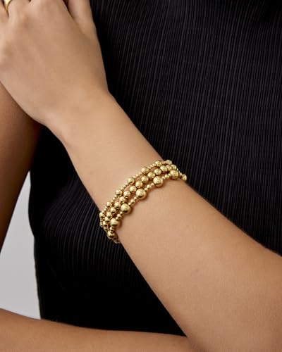PAVOI 14K Gold Plated Beaded Bracelet Pack for Women | Stainless Steel 3-Piece Stretchy Bracelet Set | Waterproof Ball Trio - color: Yellow Gold, size: 7, style: Irregular