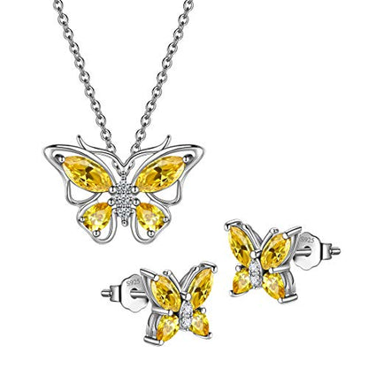 925 Sterling Silver Birthstone Butterfly Jewelry Women Crystal Animal Cute Butterflies Birthday Necklace/Earring/Ring/Bracelet Sets Birth Stone Statement Anniversary Jewellery - color: 1-K.November-Citrine