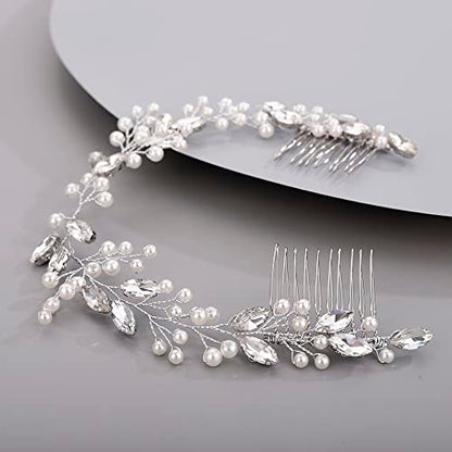 Hair Vine for Women Bridal Hair Comb for Bride Pearls Crystal Hair Comb Slide SILVER
