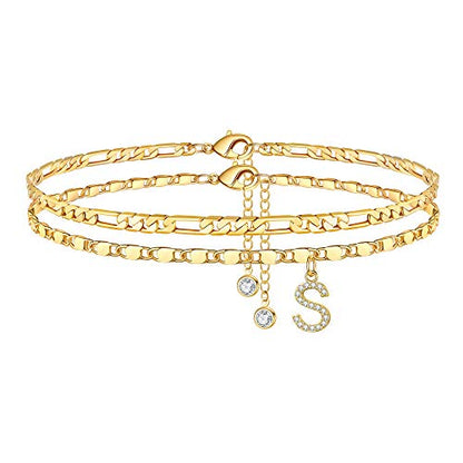Ursteel Ankle Bracelets for Women, 14K-Gold-Plated Dainty Layered Chain CZ Initial Anklets Set Summer Jewelry Gifts for Women - style: S-Gold-Plated