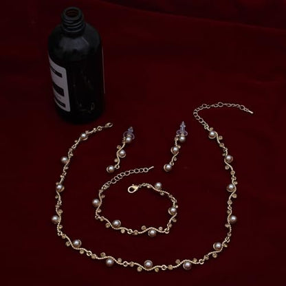 Bridal Pearl Choker Necklace Earrings Bracelet Wedding Crystal Jewelry Set for Women Brides Bridesmaid Prom - color: Champagne-Gold Plated