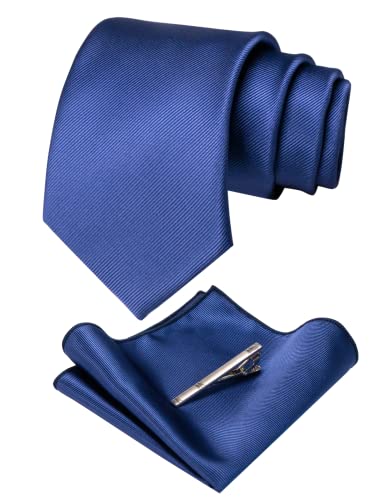 JEMYGINS Solid Color Formal Necktie and Pocket Square Tie Clip Sets for Men - color: Dark Blue