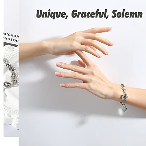 Emibele Heart Charm Bracelet for Women, Bible Verse Bracelet Stainless Steel 18K Gold Plated Bracelet Love Pendant Link Chain OT Clasp, Birthday Christmas Jewelry Gift for Mother Her - color: Silver