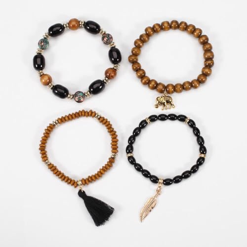 4Pcs Bohemia Multilayer Stackable Elephant Leaf Tassel Bracelets Colorful Wooden Resin Beaded Stretch Bracelets for Women Men Summer Beach Boho Vacation Hawaii Jewelry Gifts - style: StyleE