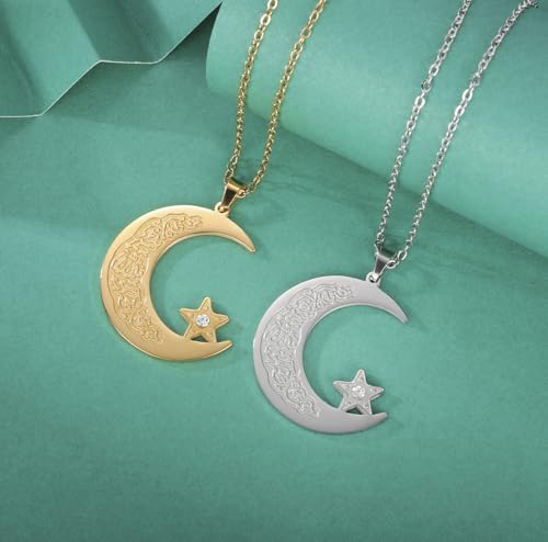 Islamic Ayatul Kursi Necklace Muslim Crescent Moon and Star Pendant Arabic Calligraphy Allah Amulet Religious Jewelry Eid Ramadan Gift for Women Men - color: silver